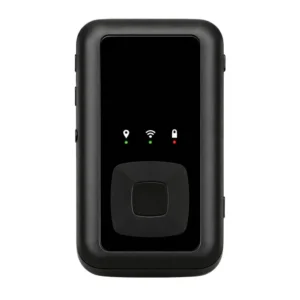 Black mini 4G GPS tracker shown from the front with location, Wi-Fi, and lock status icons and a raised center button