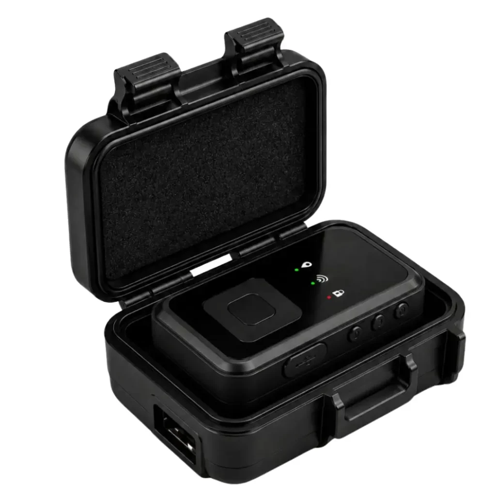 Black GPS tracker with location, Wi-Fi, and lock status icons shown inside its rugged protective carrying case