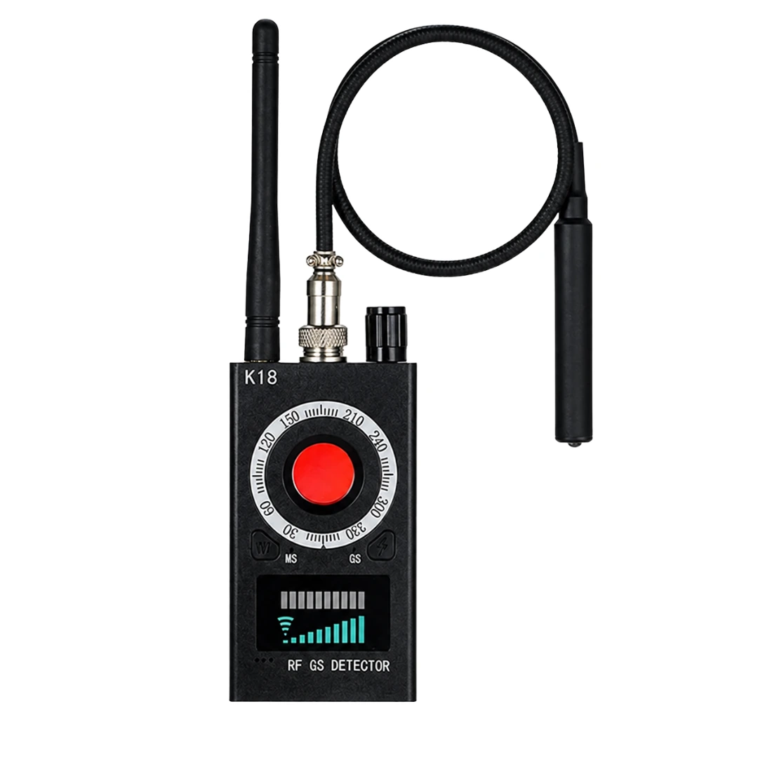 Handheld K18 RF GS detector with an antenna, dial, flexible probe, and signal strength display for finding hidden bugs and trackers