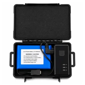 Open rugged hard case showing the 4G LTE covert GPS real time tracker, 9000mAh extended battery, and charging cable from JP Security Products