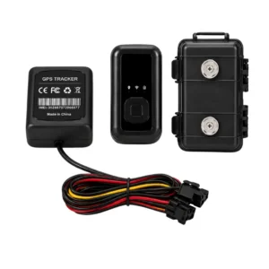 GPS tracker device, hardwire cable harness, and rugged magnetic protective case shown side by side for the LA GPS real time tracker 4G LTE hardwire kit