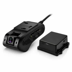 Matrack dash cam shown next to the motion sensing trailer tracker unit with test button and LED indicator