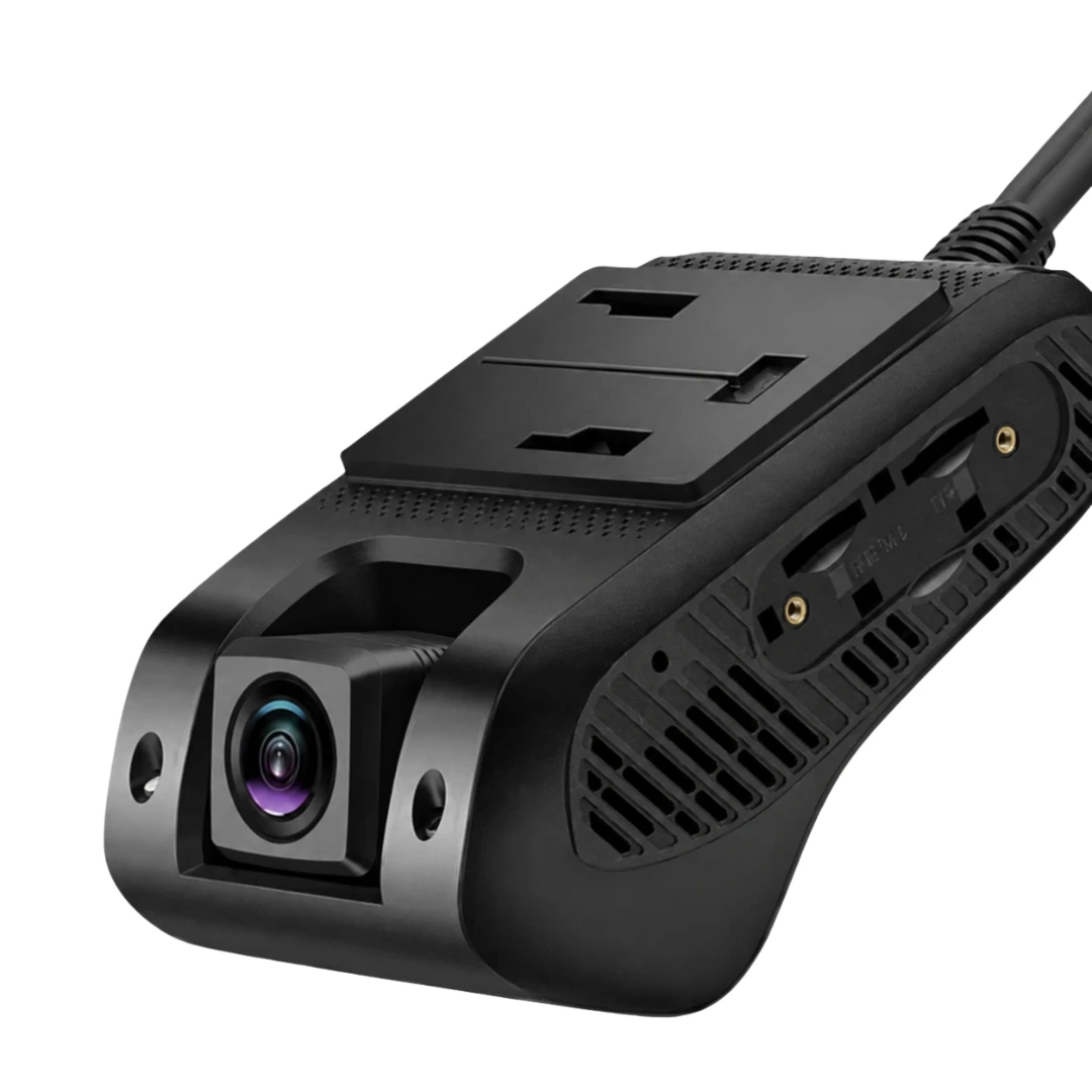 Close up of the Matrack dashcam showing its wide angle lens and mounting bracket for vehicle installation