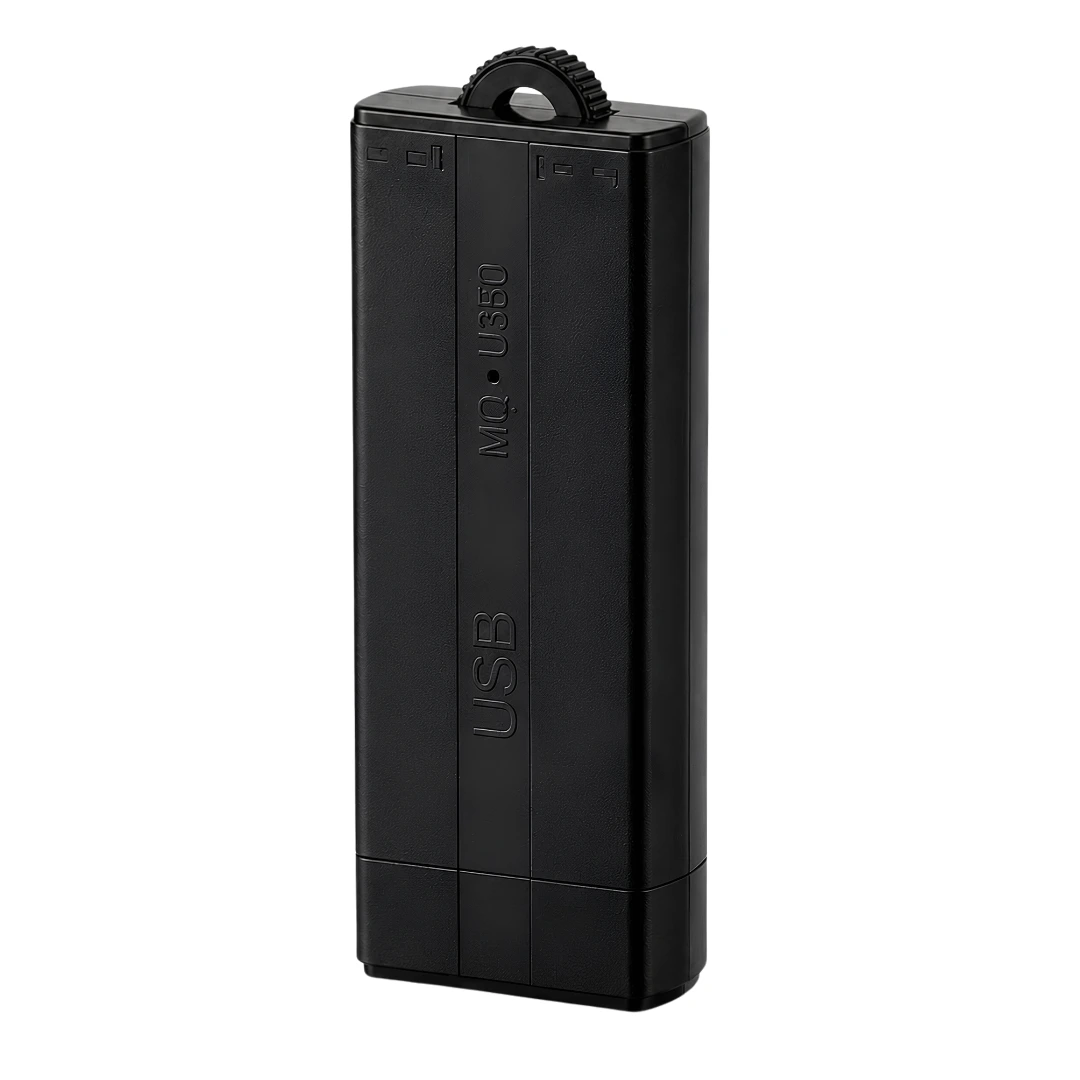 MEMOQ MQ-U350 USB digital voice recorder with a keychain loop and up to 25 day standby battery life