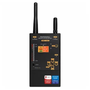 Professional digital RF detector shown in a straight front view with dual antennas, signal strength bar graph, and directional control buttons