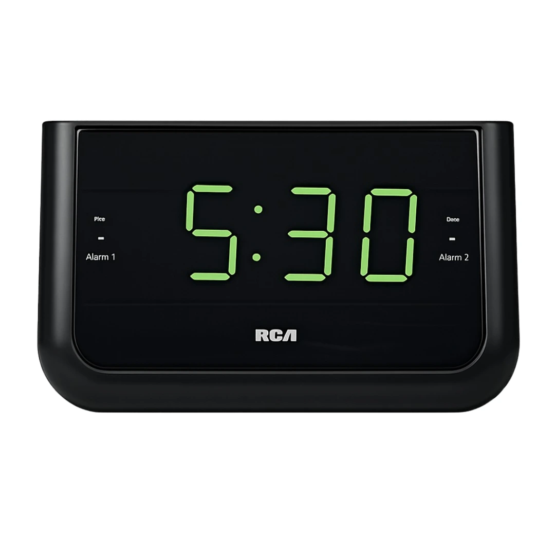 Black RCA style alarm clock with a Full HD Wi-Fi hidden camera built into the display housing