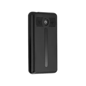 Angled product shot of the black WiFi audio recorder with CamSC app showing the power button and dual microphone grille