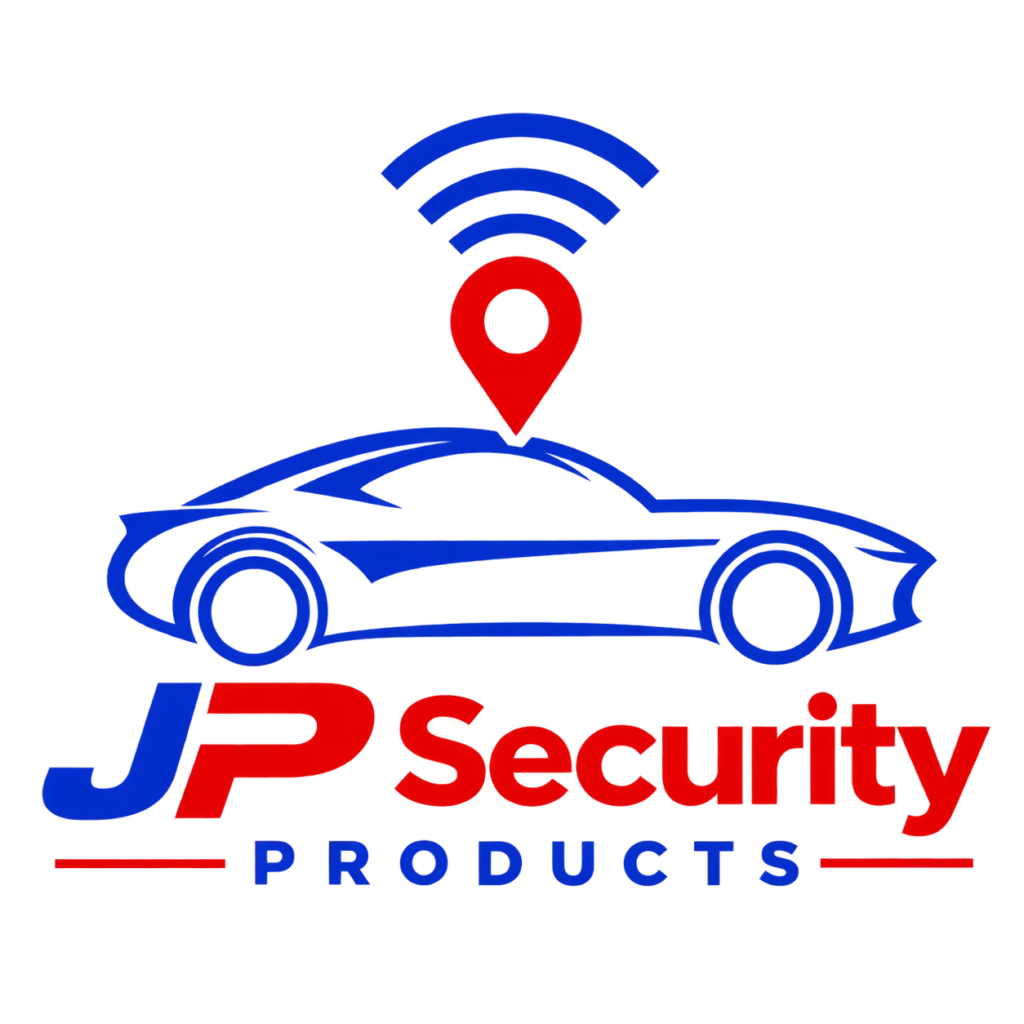 JP Security Products logo with a car, GPS location pin, and Wi-Fi signal icon
